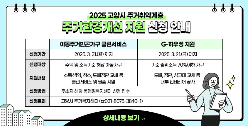 2025 고양시 주거취약계층 주거환경개선 지원 신청 안내
신청기간: 아동주거빈곤가구 클린서비스: 2025.3.31.(월)까지 / G-하우징 지원: 2025.3.21.(금) 까지
신청대상: 아동주거빈곤가구 클린서비스: 주택 및 소득기준 해당 아동가구 / G-하우징 지원: 기준 중위소득 70%이하 가구
지원내용: 아동주거빈곤가구 클린서비스: 소독·방역, 청소, 도배장판 교체 등 클린서비스 및 물품 지원 / G-하우징 지원: 도배, 장판, 싱크대 교체 등 내부 인테리어 공사
신청방법: 주소지 해당 동행정복지센터 신청 접수
신청문의: 고양시 주거복지센터(031-8075-3840~1)
상세내용 보기